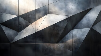 Fototapete - Low-poly art 200 set against a minimalistic studio with black and white geometric shapes and artistic details