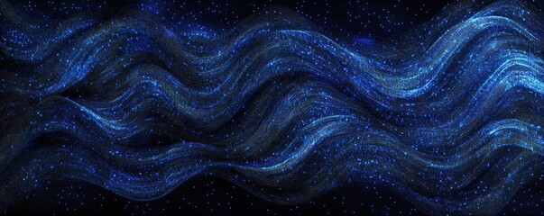 Poster - Abstract Blue Waves of Light Particles Flowing Dynamically Across Dark Background, Seamless Loop Animation