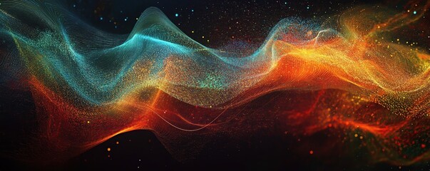 Poster - Abstract Colorful Waves Flow Dynamically with Glowing Particles, Creating a Mesmerizing Visual Experience.