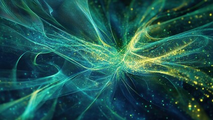 Poster - Abstract Teal and Gold Particles Flow Dynamically in 4K, Creating a Mesmerizing Visual Spectacle with Shimmering Effects.