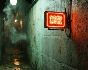 Poster - Neon Sign Illuminates Damp Alleyway with Wisps of Fog and A Mysterious Atmosphere at Nighttime