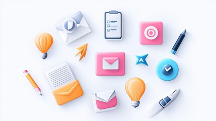 Poster - A minimal business vector icon set with clean, sharp edges and uniform stroke widths, arranged on a smooth gradient background.
