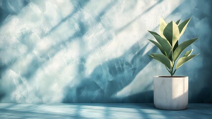 Fototapete - Low-poly art 196 displayed against a textured wall with a plant in a white pot on a table in a modern setting