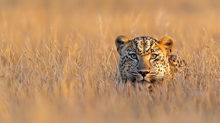 amur leopard crouched in tall grass with intense eyes and dappled fur