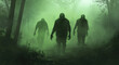 © Easy - Three zombies can be seen walking through a dense green mist in an eerie forest, creating a chilling atmosphere at dusk