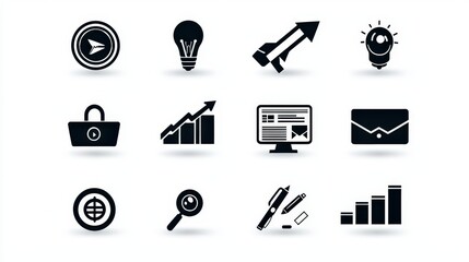 Poster - A sleek collection of business-themed icon illustrations in monochrome, balancing simplicity with expressive design.