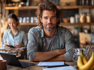 Poster - young entrepreneur discussing business loans with financial advisor in modern office