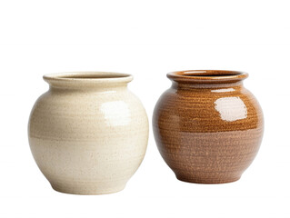 Two unique ceramic pots displaying elegant craftsmanship, isolated on transparent or white background