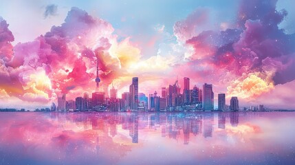 Poster - A vibrant city skyline seen from a descending airplane, capturing the thrill of arrival.