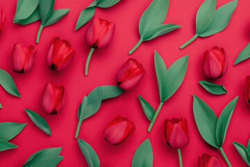 Wall Mural - Bright red tulips and green leaves arranged on vibrant red background create striking flat lay composition. This visually appealing design is perfect for spring themes