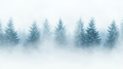 Poster - Coniferous trees, blanketed in snow, rise through a thick, mysterious fog, crafting a stunning winter wonderland landscape filled with tranquil beauty and serene magic