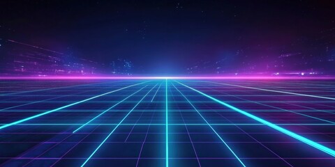 Poster - Vibrant Glowing 80s Style Background with Blue and Purple Grids in a Futuristic Digital Landscape for Retro Aesthetic Projects