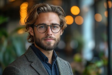 Wall Mural - successful young entrepreneur portrait in urban green business district with modern glass architecture and natural elements