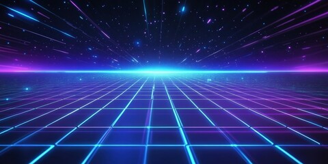 Poster - Aesthetic 80s Style Glowing Grid Background with Vibrant Blue and Purple Colors, Retro Futuristic Vibes, Digital Art, Perfect for Creative Projects