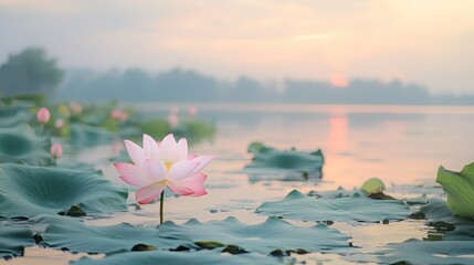 Wall Mural - tranquil lotus flower blooms serenely at dawn amidst misty waterscape