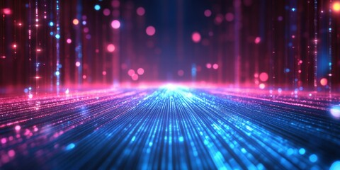 Poster - Futuristic 80s Inspired Glowing Grid Background with Blue and Purple Lights for Retro Style Designs and Digital Art Projects