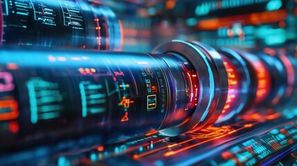 Poster - Dynamic visualization of data streams flowing through a high tech network, showcasing vibrant digital information exchange and advanced technology systems in a futuristic setting