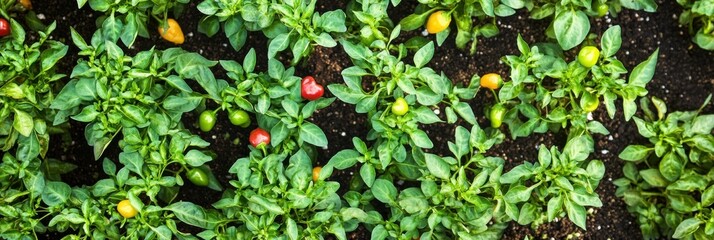 Wall Mural - Aerial view of vibrant bell pepper plants growing in lush green garden