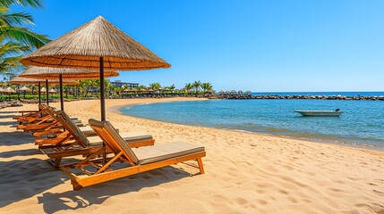 Canvas Print - Beach resort chairs under thatched umbrellas, idyllic seaside scene, perfect for relaxation