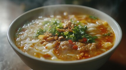 Poster - A bowl of soup with noodles and vegetables. The soup is hot and steamy. The bowl is white and the soup is orange