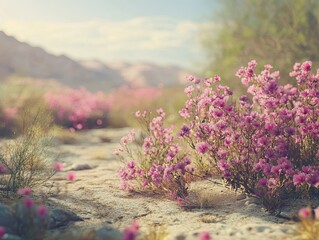 Wall Mural - desert blooms a scenic pathway with pink wildflowers and distant mountains