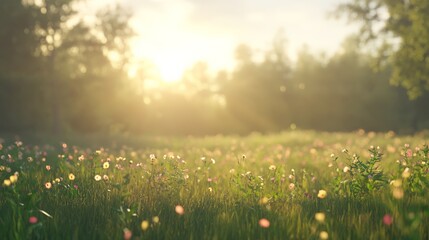Poster - Golden hour sunlight illuminating a vibrant meadow filled with colorful wildflowers creates a serene and idyllic natural landscape, evoking a sense of peace and tranquility