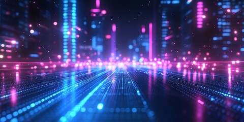 Poster - Glowing 80s Style Grid Background in Blue and Purple with Dynamic City Lights and Vibrant Neon Effects for Retro Design Projects