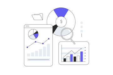 Poster - Online marketing, data analysis concept. Dashboard with documents, graphs and charts in the office. Flat Cartoon Vector Illustration, icon. Stylish abstract 
