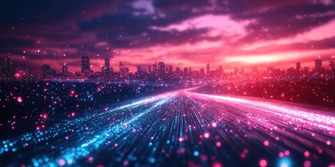 Wall Mural - Glowing Blue and Purple 80s Style Background with Grid and Sparkles in Vibrant Sunset Scene Over City Skyline