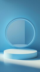 Aufkleber - Featuring a contemporary blue podium stand accompanied by a circular glass backdrop, this setup creates a tranquil atmosphere ideal for showcasing modern products