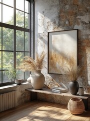 Wall Mural - Minimalist Scandinavian Interior with Blank Canvas and Natural Light