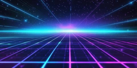 Poster - Retro 80s Style Grid Background with Glowing Blue and Purple Lights in a Starry Night Sky