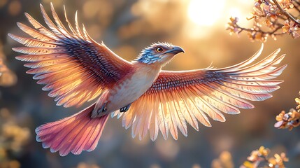 Wall Mural - Sunrise flight, fantasy bird, blossom branch, digital art, wallpaper