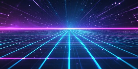 Poster - Futuristic 80s Style Grid Background with Glowing Blue and Purple Elements for Retro Aesthetic and Digital Art Projects