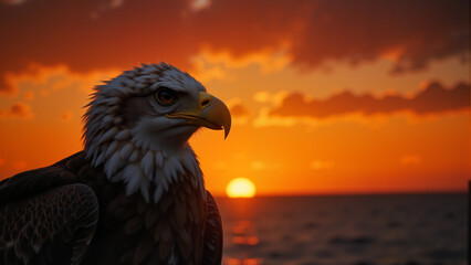 Bald eagle silhouette against fiery sunset over ocean, tranquility theme