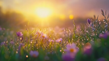 Poster - Beautiful wildflowers covered in morning dew are glowing in the golden light of sunrise over a peaceful meadow, creating a serene and idyllic scene of natural beauty