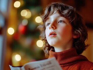 Boy in red sweater reading from a book, with lit up Christmas tree in background.