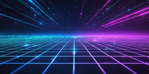 Wall Mural - Glowing 80s Style Grid Background with Radiant Blue and Purple Neon Lights and Starry Sky for Retro and Futuristic Themes