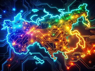 Poster - Abstract Futuristic Map of Russia: Electric Circuit Technology Background - Macro Photography