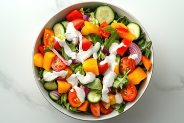 Wall Mural - A colorful, healthy salad with various vegetables, including tomatoes and bell peppers, dressed with a vinaigrette.