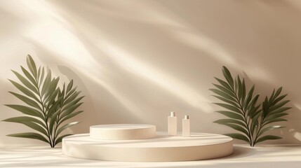 Aufkleber - Featuring a stylish platform design, this setup showcases cosmetic products elegantly. The soft beige backdrop complements the minimalistic podium and lush foliage, creating a serene ambiance