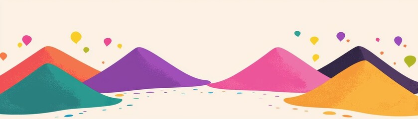 Poster - Colorful mountains of powder in vibrant hues, symbolizing celebration and festivity, set against a light background with playful splashes, Holi