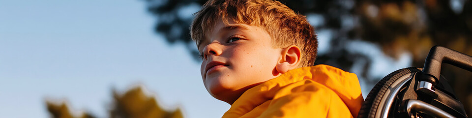 Wall Mural - Boy in Yellow Jacket Sitting in Wheelchair Outdoors