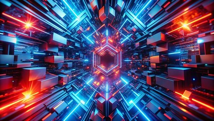 Poster - Abstract Macro Photography: Red Blue Neon Light 3D Render Background