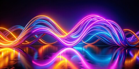 Poster - Abstract Neon Sculpture: Glowing Purple, Blue & Orange Swirl on Reflective Surface