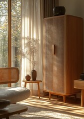 Wall Mural - Minimalist Wooden Cabinet with Soft Natural Light in Scandinavian Design Interior