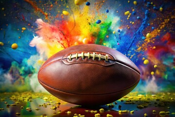 Poster - Abstract Watercolor Football: Brown Leather Ball in Colorful Paint Splatter