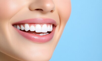 Wall Mural - Woman smiling, showing perfect teeth, bright light, blue background for dental care ad