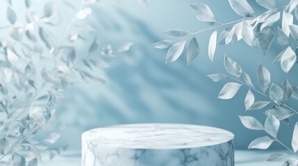 Poster - A minimalistic cube pedestal crafted from white marble sits gracefully against a soft blue leaf backdrop. This serene setting enhances the elegance of product displays and presentations