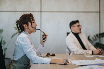 Canvas Print - A diverse group of business people engaged in a thoughtful meeting. Focus on teamwork, collaboration, and strategic planning in a modern office setting with multiracial colleagues.